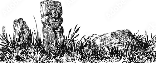Ancient stone sculptures and large boulder surrounded by grass and plants, black and white sketch