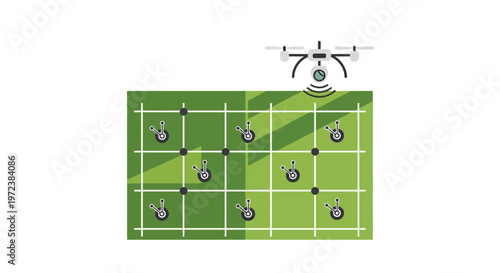 Drone on green grid field.