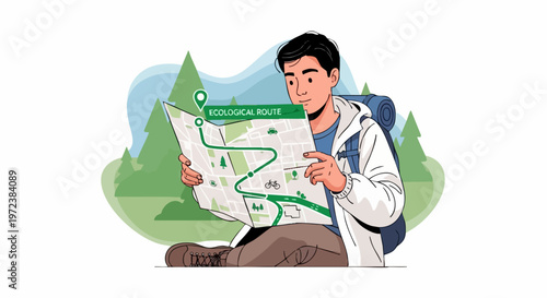 Young hiker checking the map for ecological routes