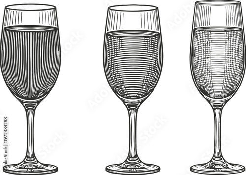 Elegant wine glasses set with detailed line art, three styles of stemware filled with liquid, classic hand drawn illustration