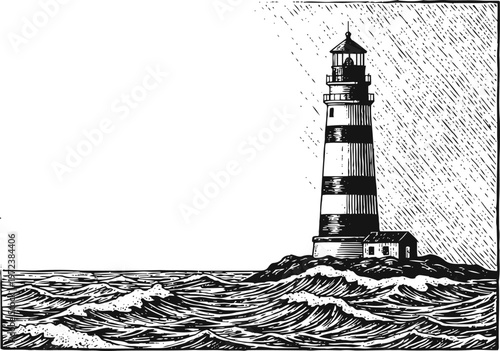 Black and white lighthouse on rocky shore with turbulent sea waves and raining sky background illustration