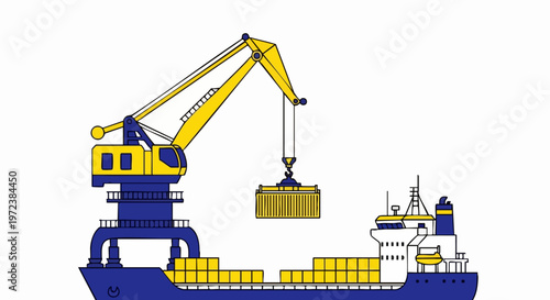 Industrial crane loading cargo container onto shipping vessel