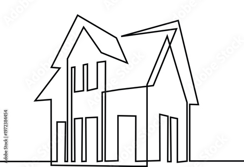 Continue line drawing depicting two stylized houses or a single complex architectural structure, render with a minimalist and abstract esthetic on a white background.