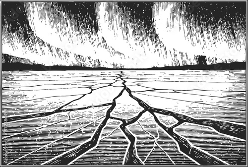 cracked icy landscape under dramatic sky frozen ground with deep fractures extending toward horizon winter wilderness environment