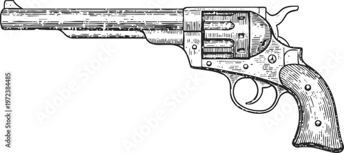 Vintage revolver illustration detailed old western pistol line art antique firearm, classic six shooter drawing, historical weaponry sketch