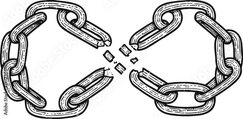 Broken chain link symbolizing freedom, release, and breaking barriers or restrictions