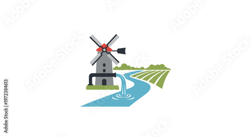 Windmill on a green landscape field.