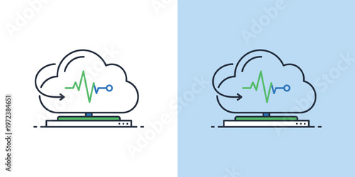Modern vector illustration depicting a cloud computing system with continuous data processing, real-time analytics, and reliable server health monitoring
