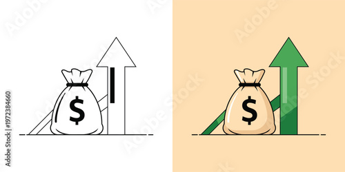 Financial growth and investment success concept featuring a money bag with a dollar sign and a rising arrow, symbolizing increasing profits and wealth