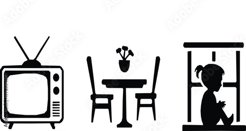 A collection of domestic scene silhouettes, including a retro television, a table with chairs with a flower, vase, and a small child sitting on a windowsill. 