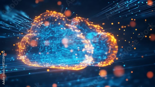 Abstract cloud computing illustration with glowing dots and lines