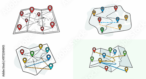 Set of colorful paper maps with navigation pins