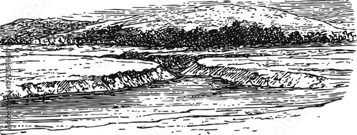 vintage black and white engraving of a river flowing through a mountainous landscape with detailed sky and terrain