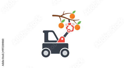 Forklift picking oranges from tree.