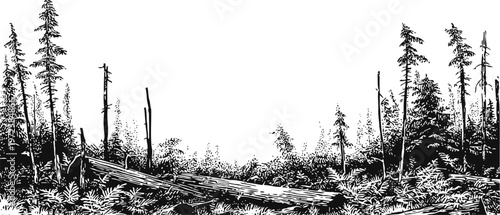 black and white forest landscape with fallen tree and tall pine trees in natural wilderness