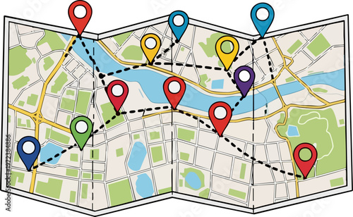 Colorful map markers placed on a city street plan