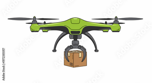 Green delivery drone carrying a small cardboard package