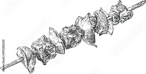 Grilled meat and vegetable skewer illustration barbecue shashlik with mushrooms on stick