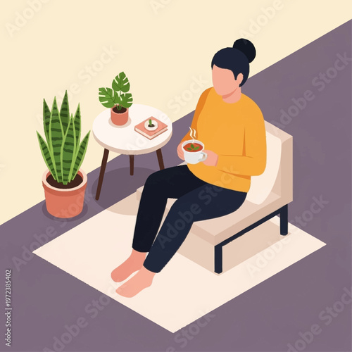 Woman relaxing at home with coffee.