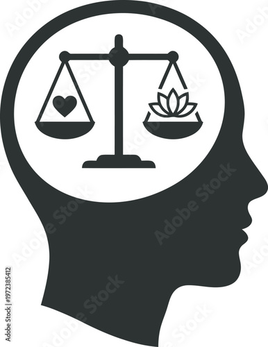 Mental health and mindfulness vector icon featuring a balanced scale inside a human head silhouette for wellness psychology therapy meditation and emotional stability concepts.