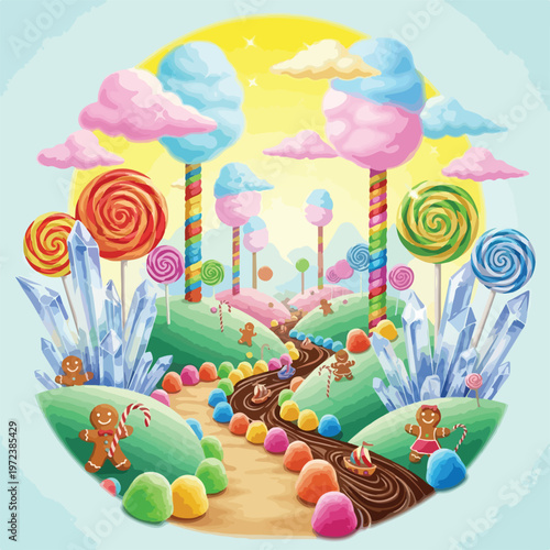Colorful lollipops in whimsical fantasy landscape.