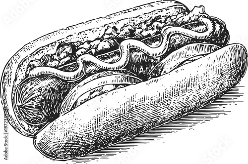 Classic hot dog with sausage, bun, mustard, and relish, vintage hand drawn fast food illustration