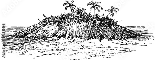 traditional thatched roof hut with palm trees and surrounding vegetation in tropical setting