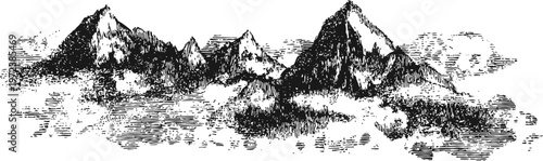 Vintage mountain landscape engraving with rugged peaks and forested slopes