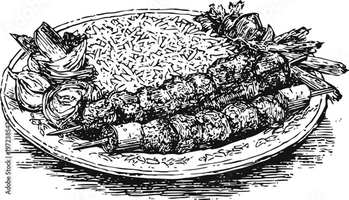 Grilled meat kebabs on skewers served with rice and grilled vegetables on a plate