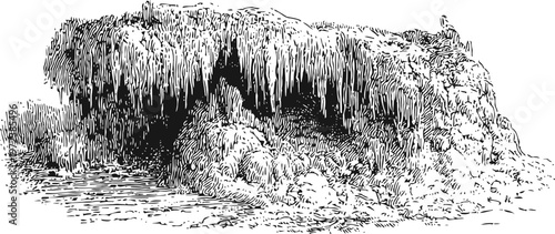 Black and white vintage illustration of a rocky cave entrance with stalactites and stalagmites