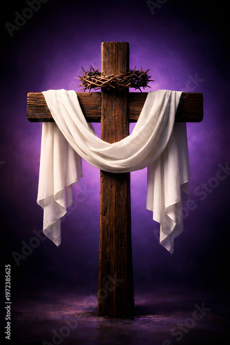 A wooden cross with a white cloth draped over it and a crown of thorns on top, on transparent background