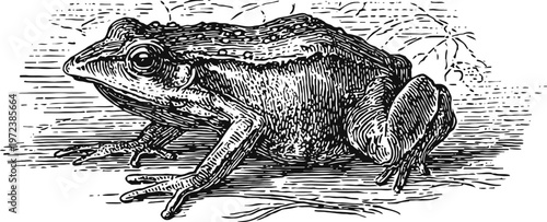 frog engraving illustration, vintage amphibian drawing in black and white natural habitat