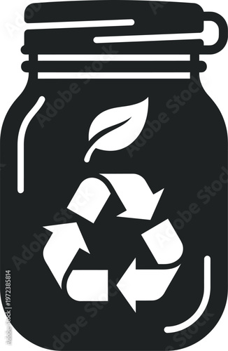 Zero waste lifestyle and sustainable storage vector icon with mason jar and recycle symbol for eco-friendly reusable glass container and plastic free nature.
