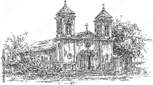 Historic wooden church with bell towers and crosses surrounded by trees, detailed hand drawn sketch