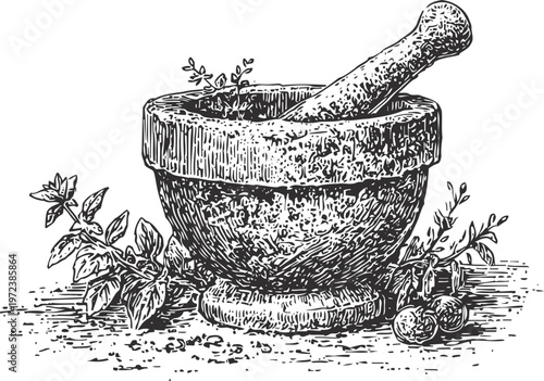 Vintage mortar and pestle with herbs and spices traditional kitchen tool for grinding and mixing ingredients in rustic