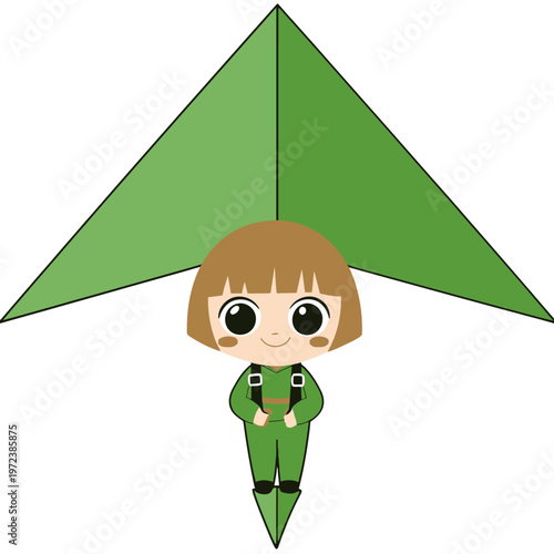 Cute cartoon character with brown hair and green jumpsuit, flying under a green hang glider