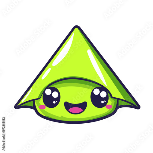 A smiling lime green, triangular character with large eyes, rosy cheeks, and an open mouth