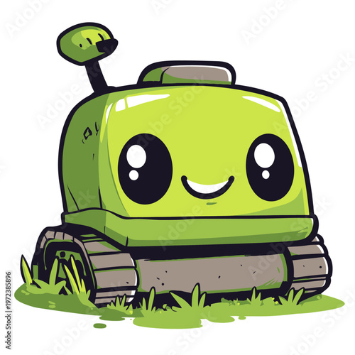 A smiling, cartoonish robot on treads and antennas, rendered with a friendly aesthetic