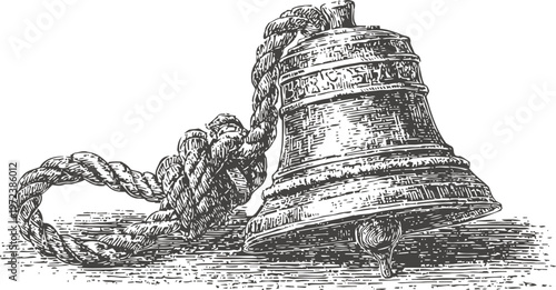 vintage handbell with coiled rope detailed engraving illustration in black and white