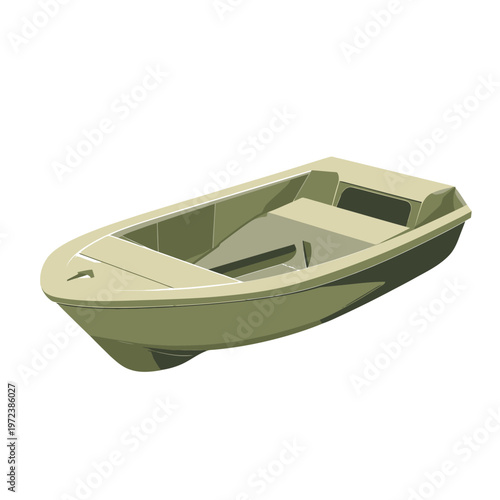 A small, light-olive green vessel, seemingly unused, for recreation on a quiet body of water