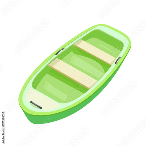 A brightly colored green rowboat, likely for recreational use on a lake or river, isolated