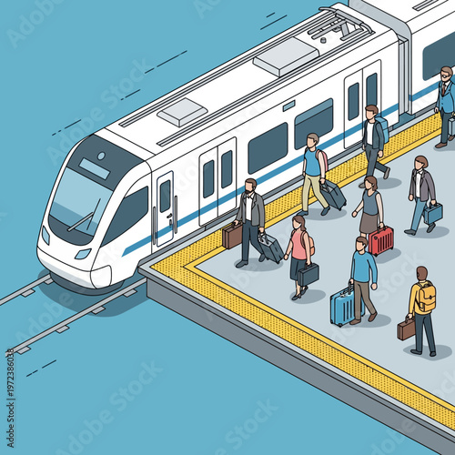 Commuters boarding a modern train.