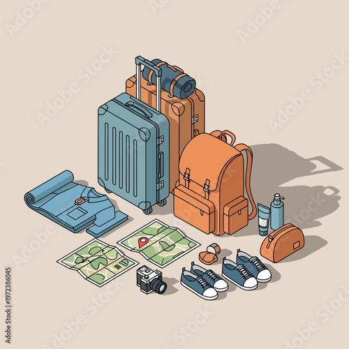 Travel luggage and accessories illustration.