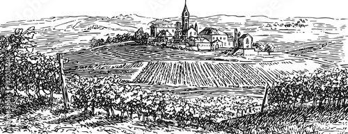 vintage countryside landscape with vineyard and rustic village on hilltop, hand drawn sketch