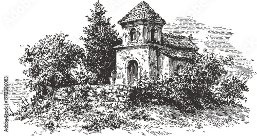 Old stone chapel surrounded by trees on a hill vintage rustic countryside building with detailed architectural features