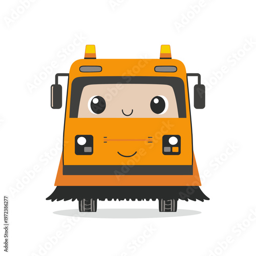 A cute, smiling cartoon of an orange, stylized street sweeper with headlights and lights on top