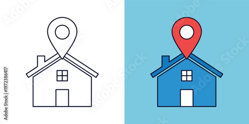Modern vector icon depicting a house with a prominent location pin, ideal for concepts like home address, property finding, real estate, and delivery services