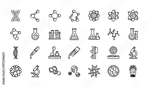 Biochemistry line icon set with DNA, molecules, lab tools, and scientific symbols