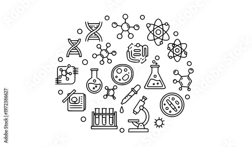 Modern biochemistry line icons collection with DNA, molecules, lab tools, and research symbols