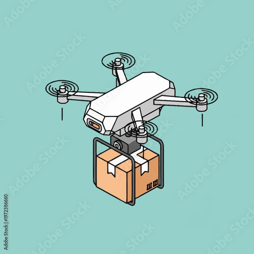 Drone delivering a package in flight.